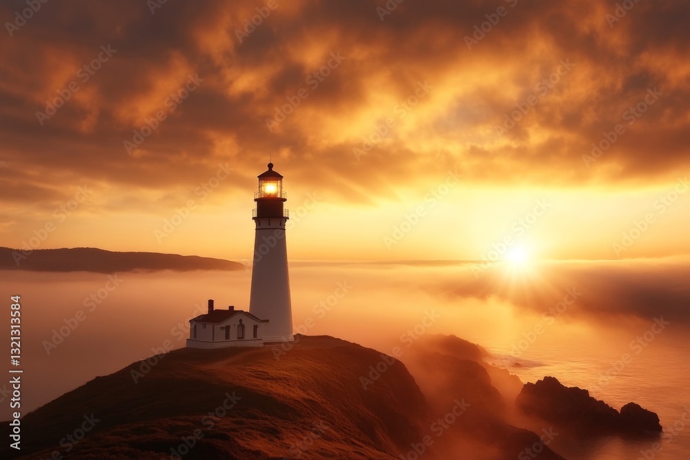 Stunning sunset over a historic lighthouse on a coastal cliff with gentle waves in the background Stunning sunset over a historic lighthouse on a coastal cliff with gentle waves in the background
