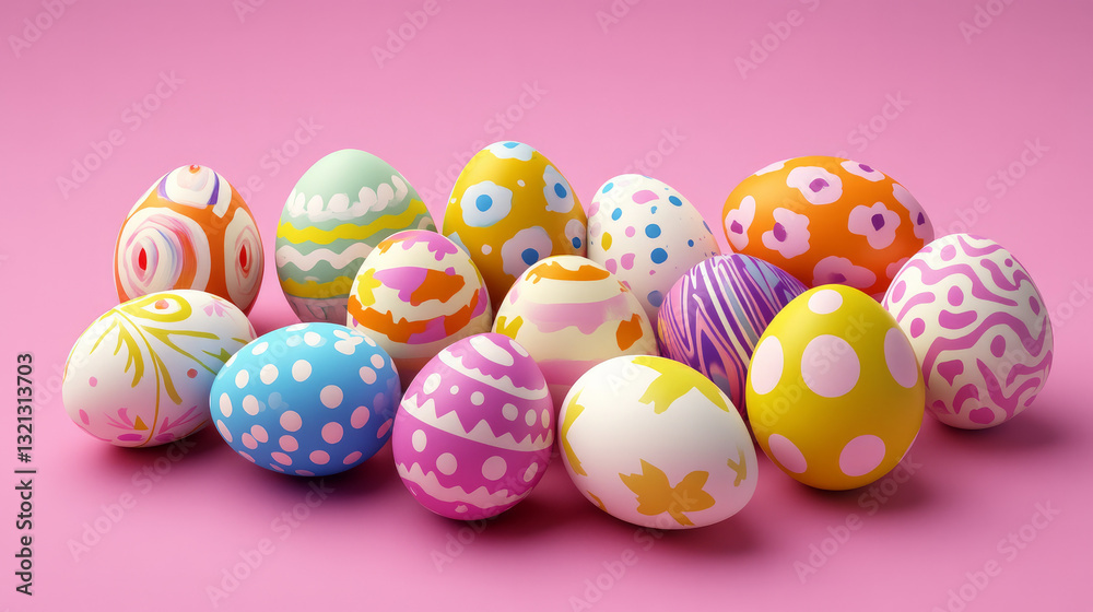 Fototapeta premium An isolated set of 3D Easter templates featuring painted eggs on a pink backdrop.
