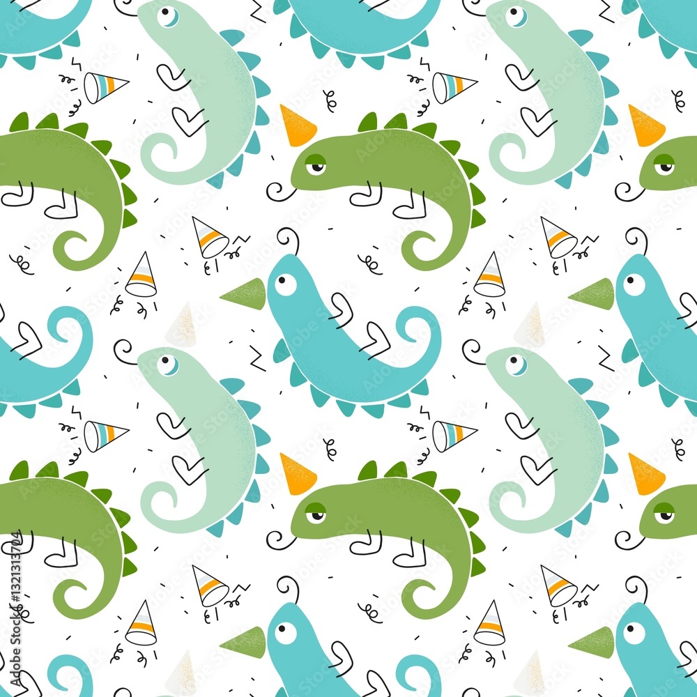 Seamless Pattern Cartoon Reptile Doodle Chameleon Lizard Party Confetti for Kids. Playtime Colorful Pet Reptile Illustration Repeat Pattern fabric paper motif. Seamless Pattern Cartoon Reptile Doodle Chameleon Lizard Party Confetti for Kids. Playtime Colorful Pet Reptile Illustration Repeat Pattern fabric paper motif.