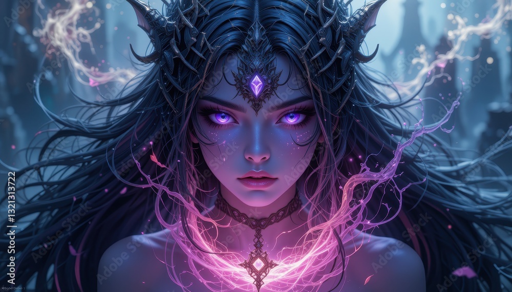 Dark haired fantasy woman with glowing purple energy Dark haired fantasy woman with glowing purple energy