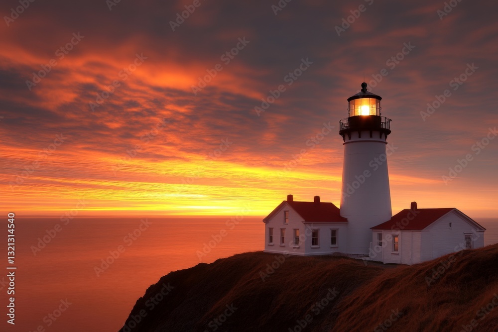 Lighthouse stands majestically on the cliff during a vibrant sunset over the ocean Lighthouse stands majestically on the cliff during a vibrant sunset over the ocean