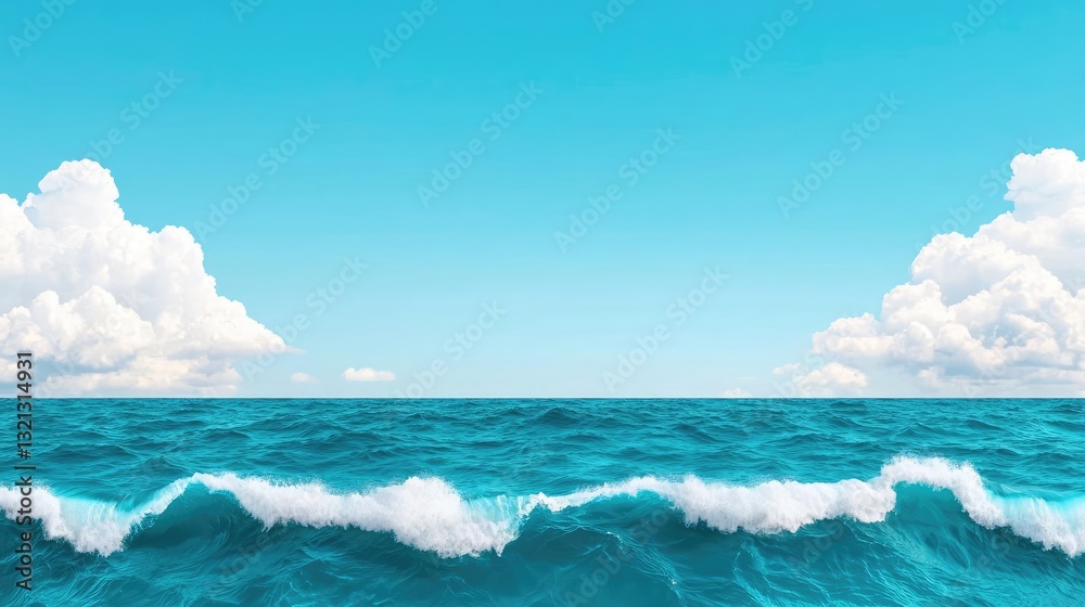 Obraz premium Aerial landscape abstract background idea. Vibrant ocean waves under a clear blue sky with fluffy clouds, evoking tranquility and peace.