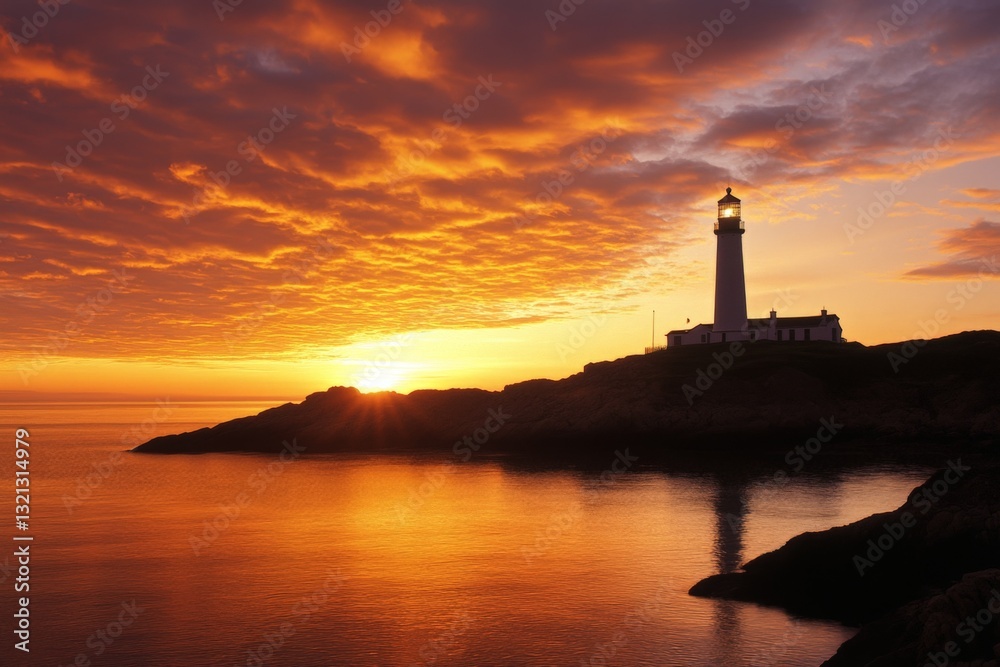 Breathtaking sunset at the lighthouse by the calm sea with vibrant clouds and golden light reflecting off the water Breathtaking sunset at the lighthouse by the calm sea with vibrant clouds and golden light reflecting off the water