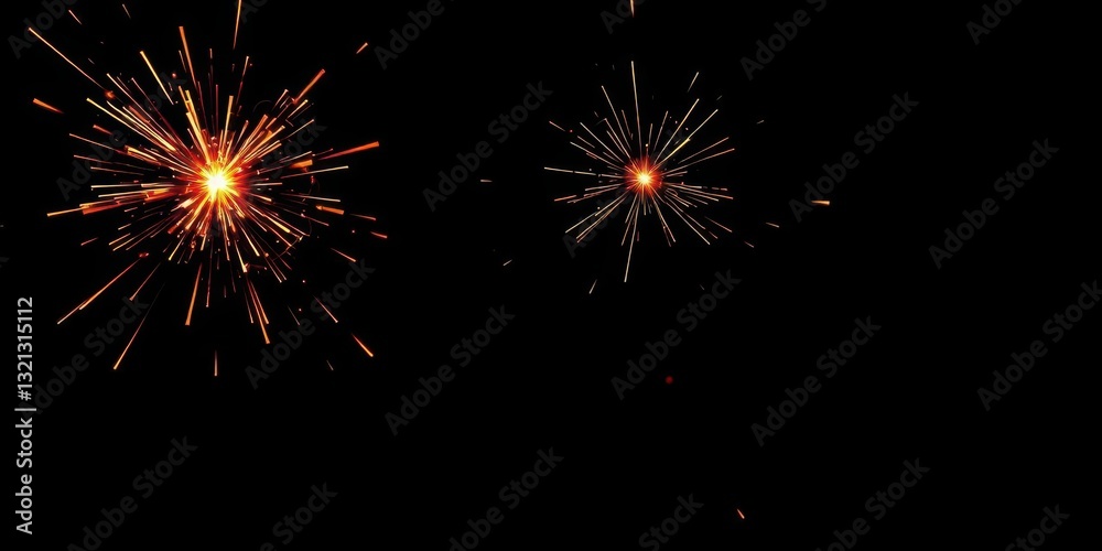 Fototapeta premium Dynamic fiery sparks burst against a black backdrop, glow, flying sparks