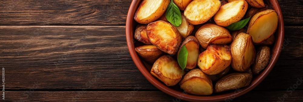 Obraz premium A close-up view of deliciously roasted golden potatoes in a rustic bowl, highlighting their crispy texture and inviting appearance, perfect for serving in a meal.