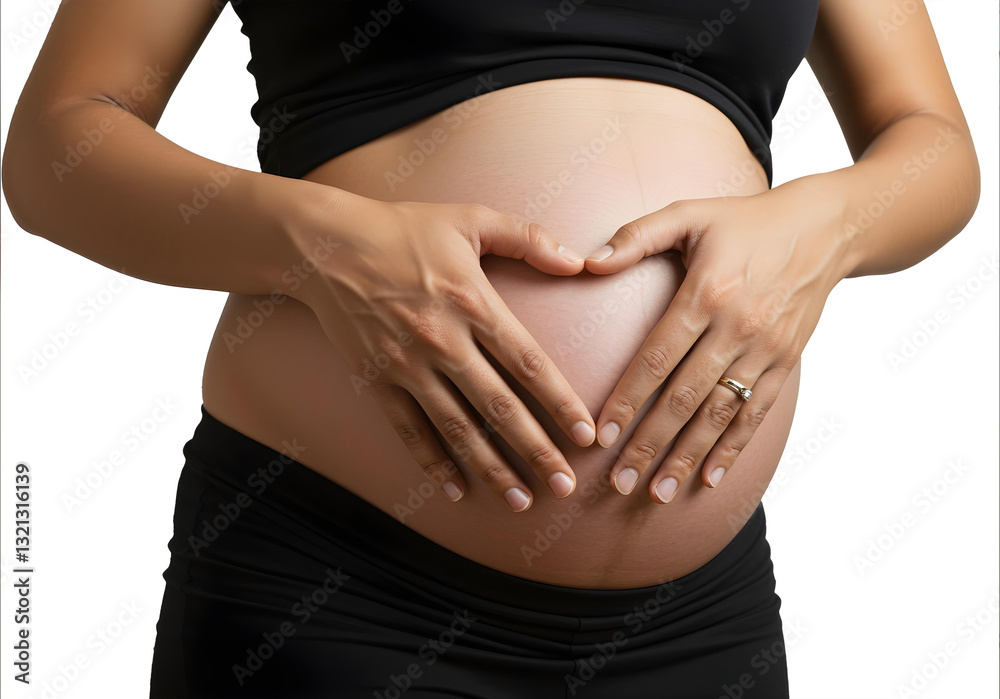 Close-up of pregnant woman's hands forming a heart on belly, maternity and health care concept, isolated on white background