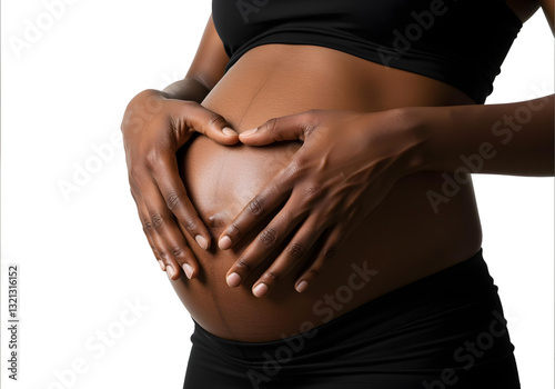 Obraz na płótnie Close-up of pregnant woman's hands forming a heart on belly, maternity and health care concept, isolated on white background w salonie