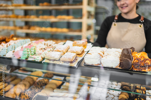 Pastry chef arranging delicious pastries in bakery display case