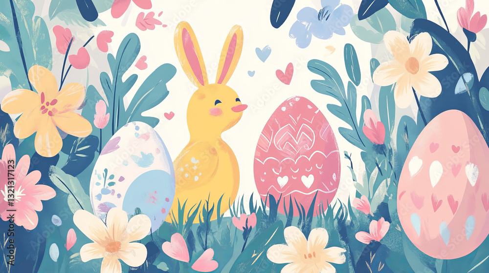 Obraz premium Happy Easter banner. Trendy Easter font and hand-painted pattern including the Easter bunny, chick, egg, and spring blossoms. style of modern art. Website header, greeting card, and horizontal poster
