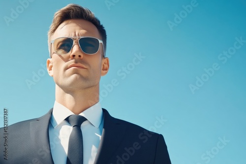 Bodyguard with clean-cut features standing under the sun