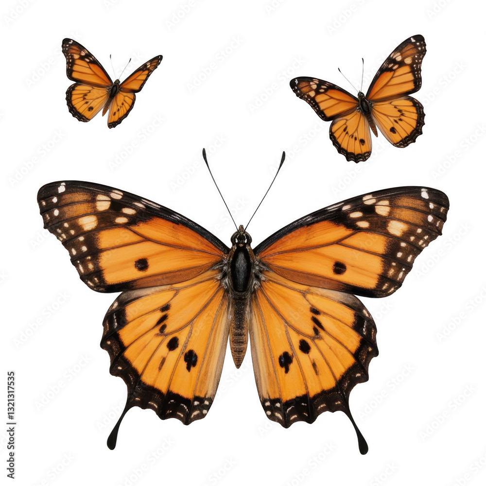 Fototapeta premium Butterflies in flight, vibrant orange and black wings, symbolizing transformation, perfect for nature or artistic themes. Isolated on white background or PNG