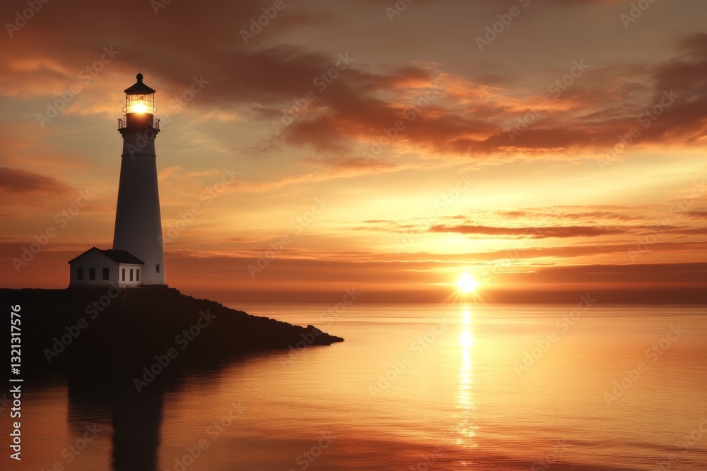 Lighthouse stands tall against a vibrant sunset by the tranquil sea Lighthouse stands tall against a vibrant sunset by the tranquil sea