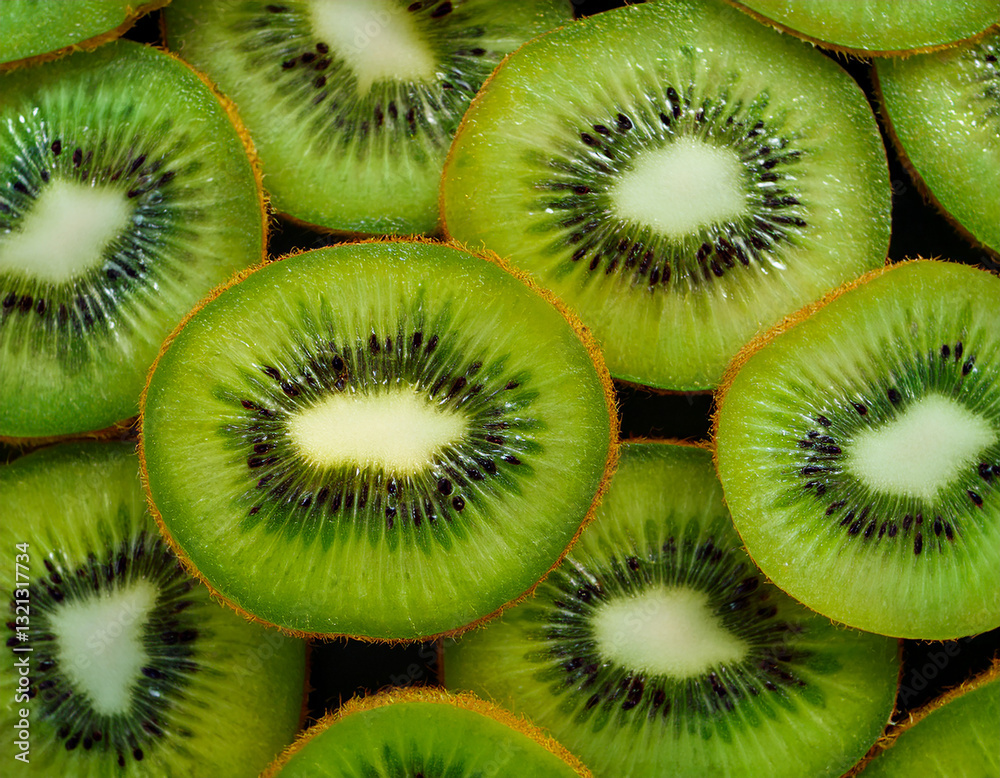 Macro close-up of fresh kiwi slices arranged in a seamless vibrant fruit pattern
Macro close-up of fresh kiwi slices arranged in a seamless vibrant fruit pattern