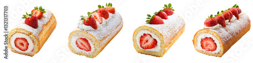 Delectable strawberry cream cake roll with powdered sugar topping and fresh strawberry garnish in image  Indulgent sweet and visually appealing confectionery perfect for bakery cafe