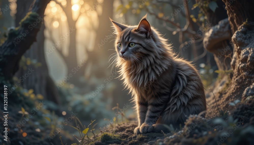 Longhaired Cat Sitting In A Forest At Sunset Longhaired Cat Sitting In A Forest At Sunset