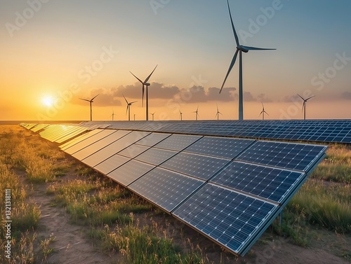 Solar Panels & Wind Turbines in Summer Landscape: Harnessing Renewable Energy at Sunset
