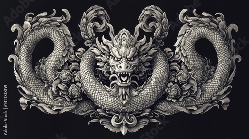 Intricate Dragon Sculpture  Asian Art  Floral Ornament