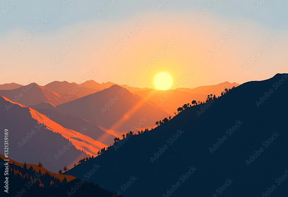 Obraz premium Beautiful sun setting behind layered mountain ranges with trees