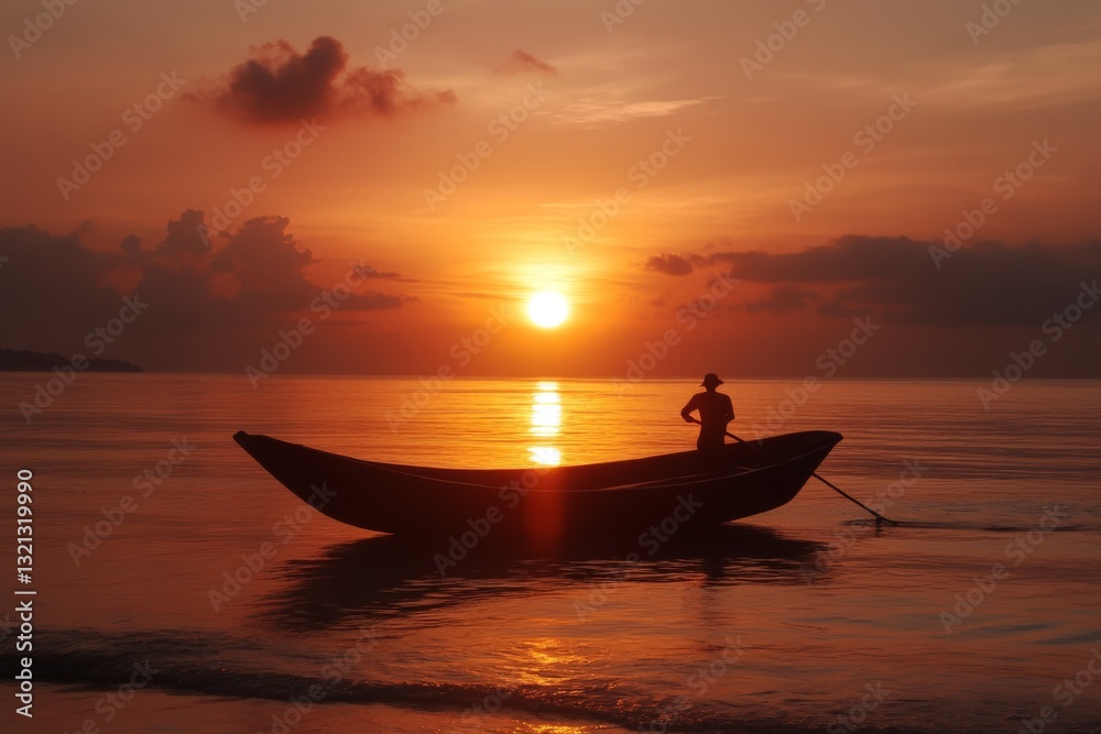 Obraz premium Fisherman paddles a boat in calm waters at sunset near a tropical coast