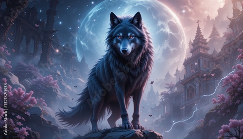 Majestic Wolf Stands Before Ancient Asian City Under Moonlit Sky