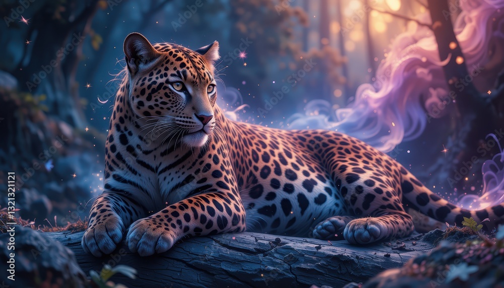 Obraz premium Majestic Leopard Rests Serene In Enchanted Forest