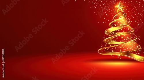 Golden Ribbon Christmas Tree Red Background Sparkling Design