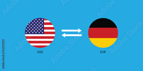 USD to EUR Currency Exchange Illustration with American and German Round Flags Icon.