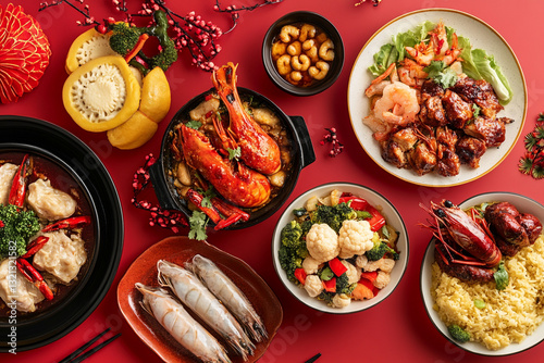 Delicious chinese new year feast with lobster shrimp dishes red top food view asian party tasty spicy