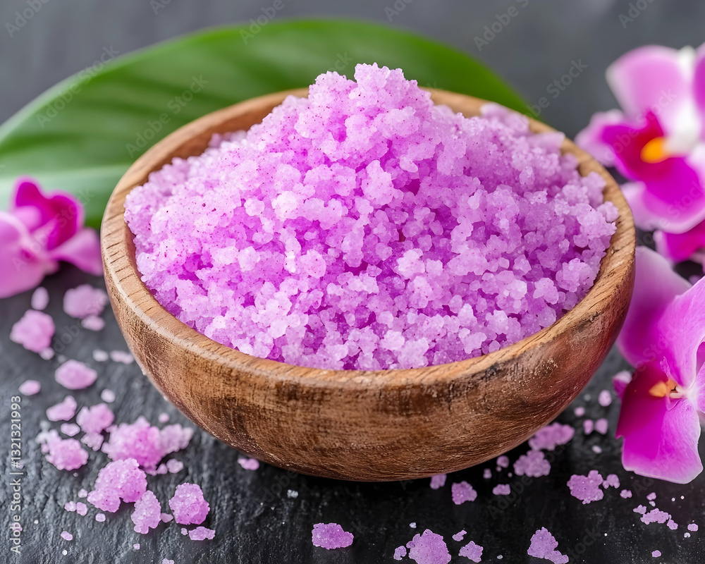 Purple bath salts in a wooden bowl accented by orchid blossoms and green leaf Purple bath salts in a wooden bowl accented by orchid blossoms and green leaf
