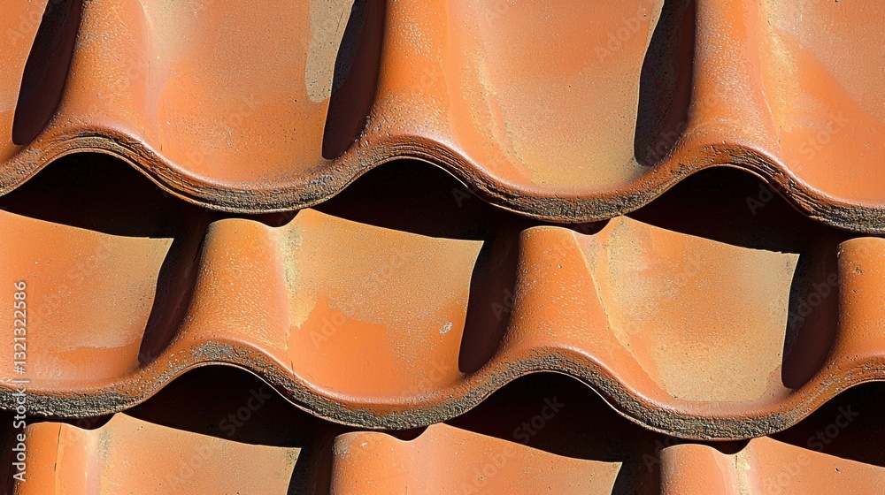 Fototapeta premium Close-up of a roof made of terracotta tiles. the tiles are arranged in a zigzag pattern, with each tile slightly overlapping the one below it.