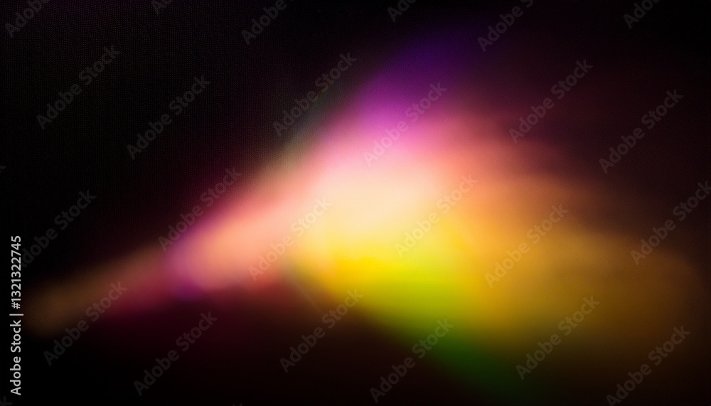 Fototapeta premium Color light overlay. Defocused yellow-pink radiance soft texture on dark black abstract empty space background. Light in the galaxy with gradient colors on black background.