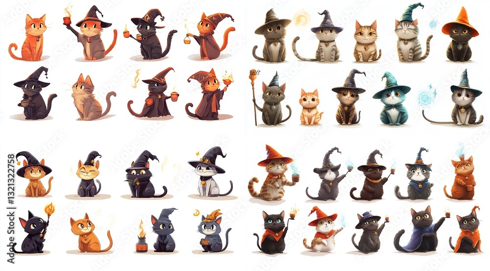 Thirty-six adorable cartoon cats in witch costumes. Thirty-six adorable cartoon cats in witch costumes.