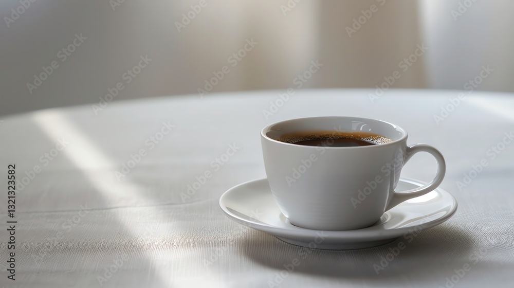 Obraz premium Cup of Hot Coffee on Table with Sunlight Creates a Warm Mood