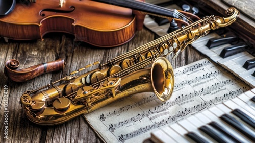 Golden Saxophone Violin Piano Sheet Music Rustic Background