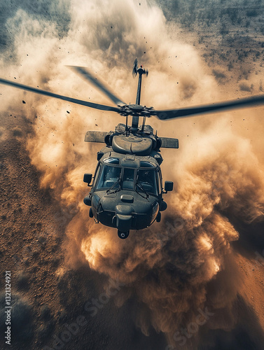 Helicopter flying above dust cloud during military exercise