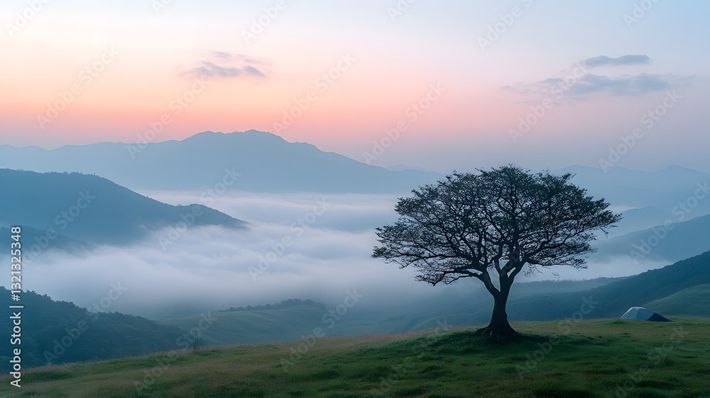 Breathtaking sea of clouds floats between mountains at dawn, with lone bare tree silhouetted against pastel sky, green meadow in foreground, and small tent in misty, minimalist landscape. Breathtaking sea of clouds floats between mountains at dawn, with lone bare tree silhouetted against pastel sky, green meadow in foreground, and small tent in misty, minimalist landscape.