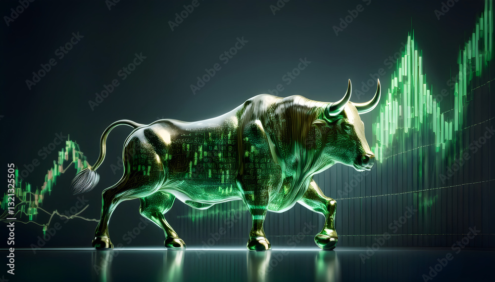 Obraz premium Digital Stock Market Chart with Rising Green Graph and Bull Market Symbol