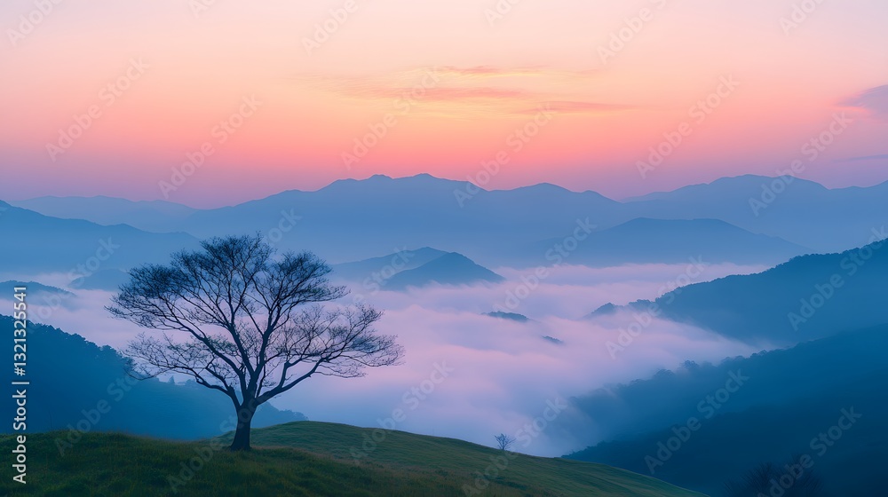 Obraz premium Breathtaking sea of clouds floats between mountains at dawn, with lone bare tree silhouetted against pastel sky, green meadow in foreground, and small tent in misty, minimalist landscape.