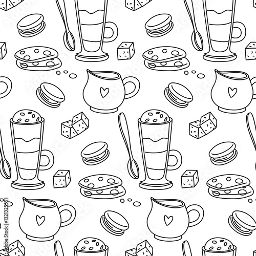 doodle-style pattern with a cup of coffee, cookies, cream, sugar cubes. It is ideal for tea packaging design, kitchen accessories, cafes, culinary blogs and restaurants. Individual elements on white