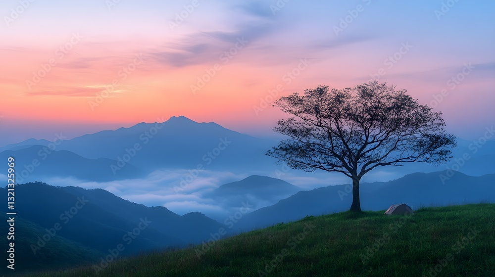 Obraz premium Breathtaking sea of clouds floats between mountains at dawn, with lone bare tree silhouetted against pastel sky, green meadow in foreground, and small tent in misty, minimalist landscape.