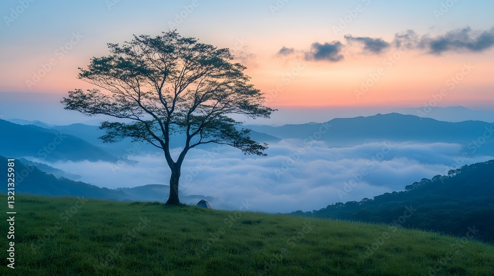 Breathtaking sea of clouds floats between mountains at dawn, with lone bare tree silhouetted against pastel sky, green meadow in foreground, and small tent in misty, minimalist landscape.