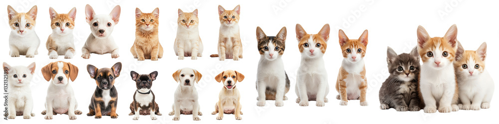 Cute Pets Collection Adorable Cats Kittens Dogs and Puppies in One Frame Assortment of various domestic animals in studio setting with white background Cute Pets Collection Adorable Cats Kittens Dogs and Puppies in One Frame Assortment of various domestic animals in studio setting with white background