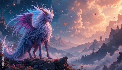 Majestic Fantasy Creature Perched Upon Mountain Peak
