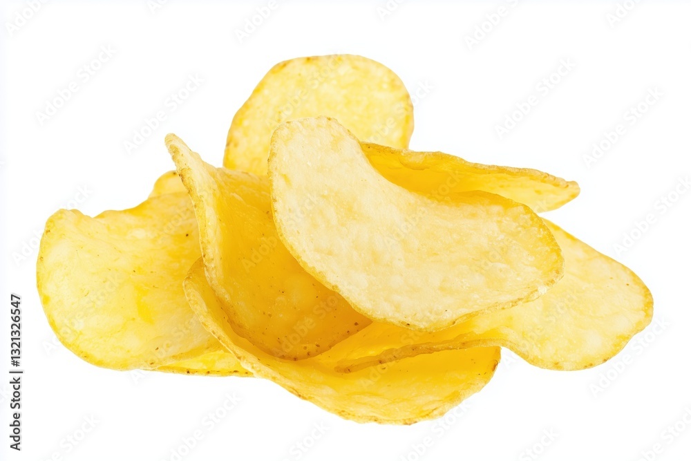 A pile of yellow potato chips on a white background. Potato chips isolated on white background A pile of yellow potato chips on a white background. Potato chips isolated on white background