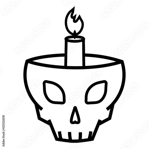 Candlelit Skull: An ominous yet captivating outline of a skull, transformed into a vessel for a burning candle, creating a striking emblem of life and death, shadows of eternity.