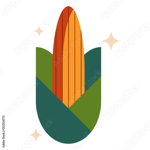 Golden Corn Illustration: A vibrant illustration showcasing a single, ripe ear of corn, with its golden kernels and lush green husk. A perfect depiction of harvest and agriculture.