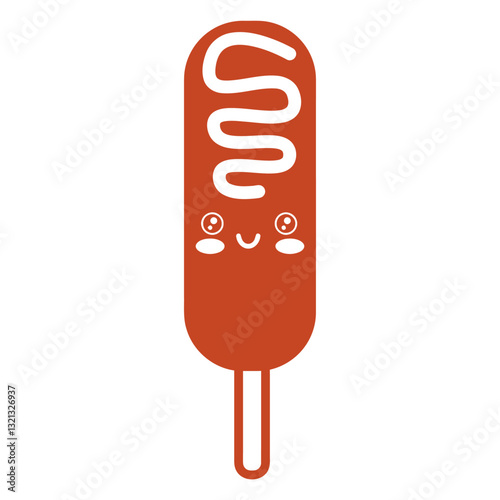 Cute Corn Dog Delight: A cartoon illustration of a smiling corn dog, adorned with a playful expression and a delightful squiggle of sauce, embodying the joy of simple pleasures.