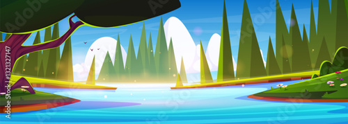 Summer river and forest landscape. Vector cartoon illustration of blue lake water, flowers and green grass on hills, tall pine trees, sunny sky with clouds, beautiful scenery for hiking or camping