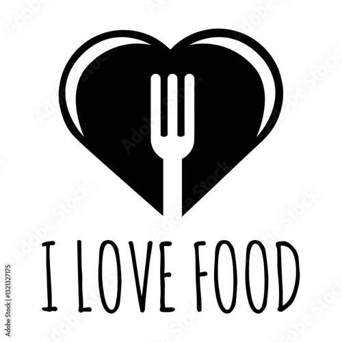 I Love Food: A graphic design embodies a fork encompassed by a heart shape with the words I love food beneath, symbolizing the concept of food