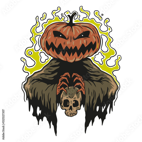 Mysterious Halloween Specter: A chilling illustration of a pumpkin-headed figure holding a skull, radiating an aura of eerie mystique with its sinister grin and ominous presence. 